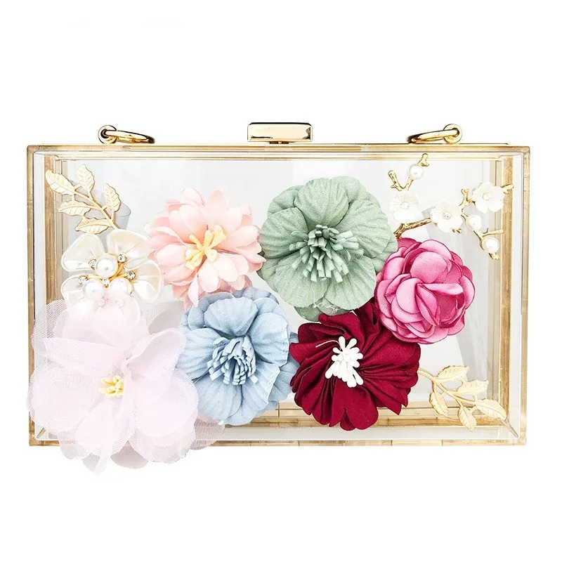 

Three-dimensional Flower Wedding Evening Bag Transparent Box Acrylic Clutch for Women Lipstick Cosmetic Bag