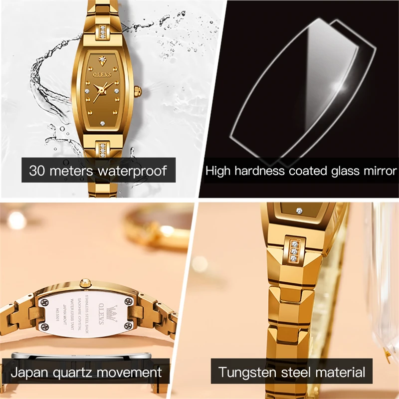 OLEVS Tungsten Steel Gold Womens Watches Top Brand Luxury Diamond Quartzn Watch Bracelet Set Elegant Female Watches for Womens