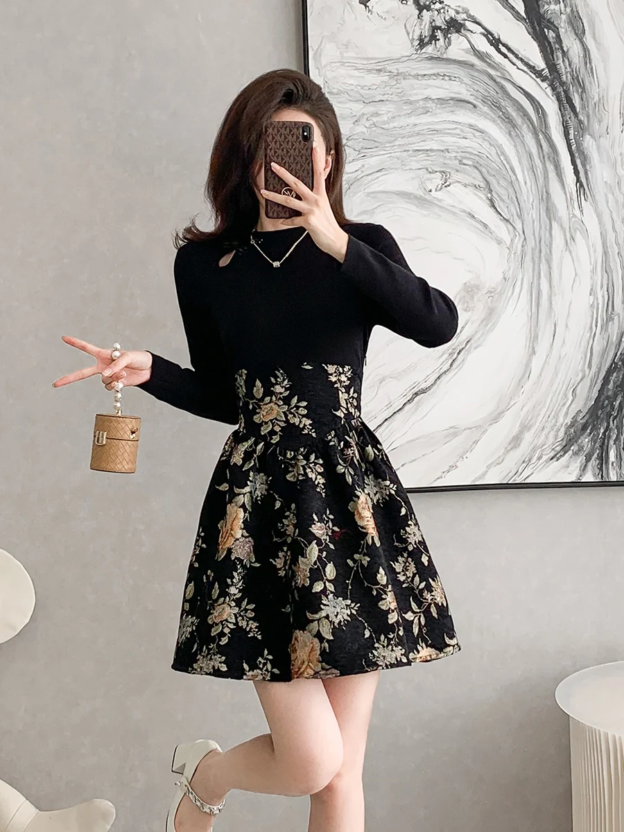 Новое китайское трикотажное платье в стиле ретро во французском для женщин 2024