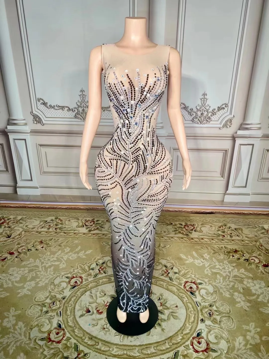 

Платье женское прозрачное средней длины, пикантный облегающий вечерний костюм без рукавов, с бисером, для вечеринки, для дня рождения, ночной клубный певец