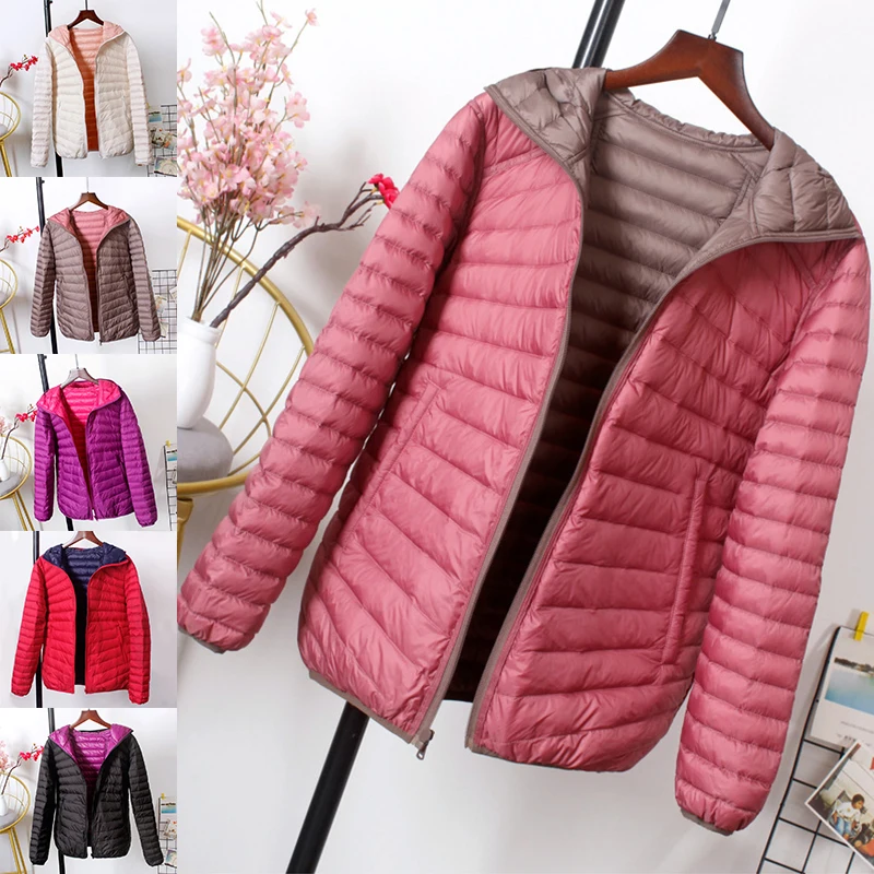 

New Portable Double Sided Hooded Down Coat Women White Duck Down Jacket Ultralight Winter Coat Warm Solid Down