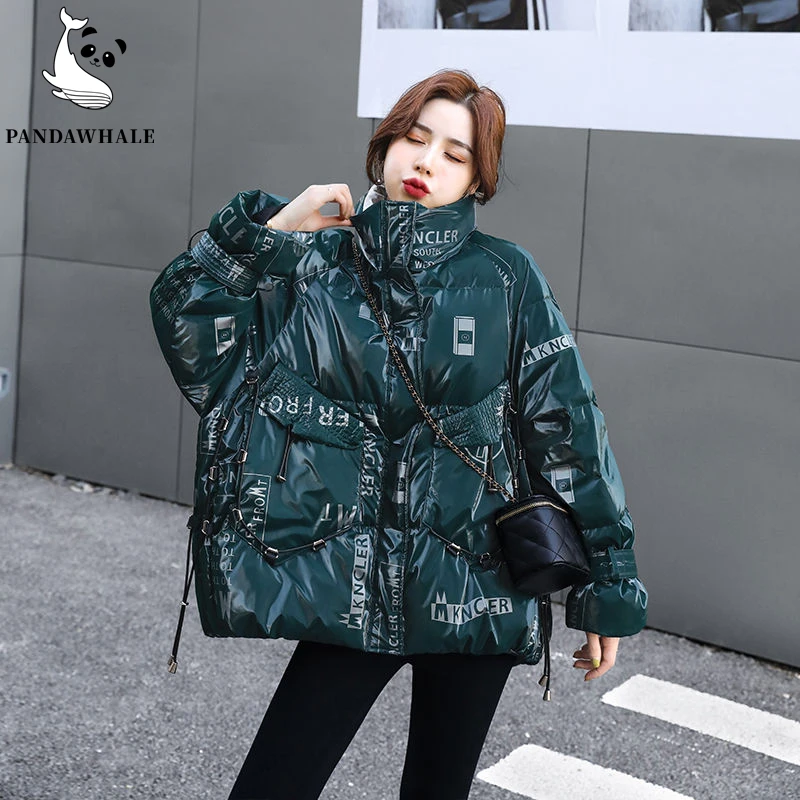 Winter Women Korean Fashion Tops White Duck Down Jacket New Loose Letter Print Green Coat Female Clothing Thicken Warm Parkas