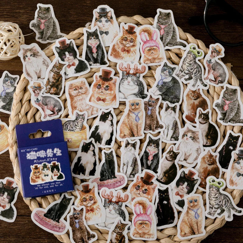 

46Pcs Mini Box Stickers Cat Decorative painting handmade Scrapbooking decorative School Supplies book handmade Square4CM