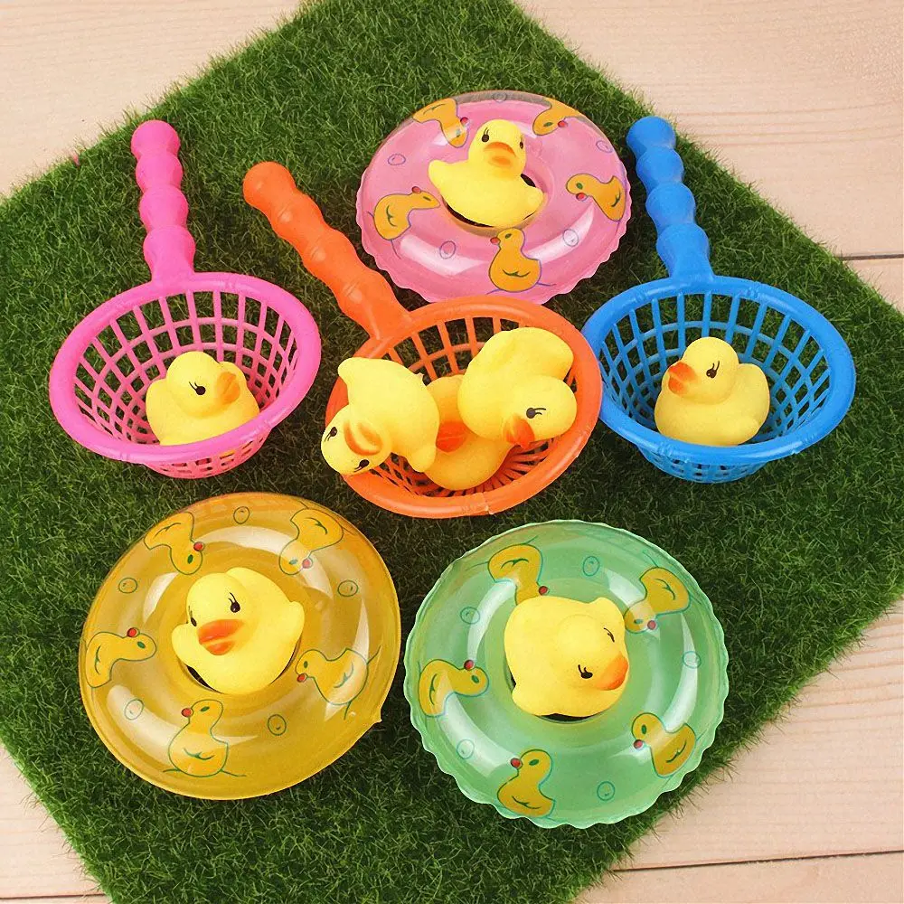 

5Pcs/set kids Floating Bath Toys Toddler Kids Mini Swimming Rings Rubber Yellow Ducks Fishing Net Washing Swimming Toy Water Fun