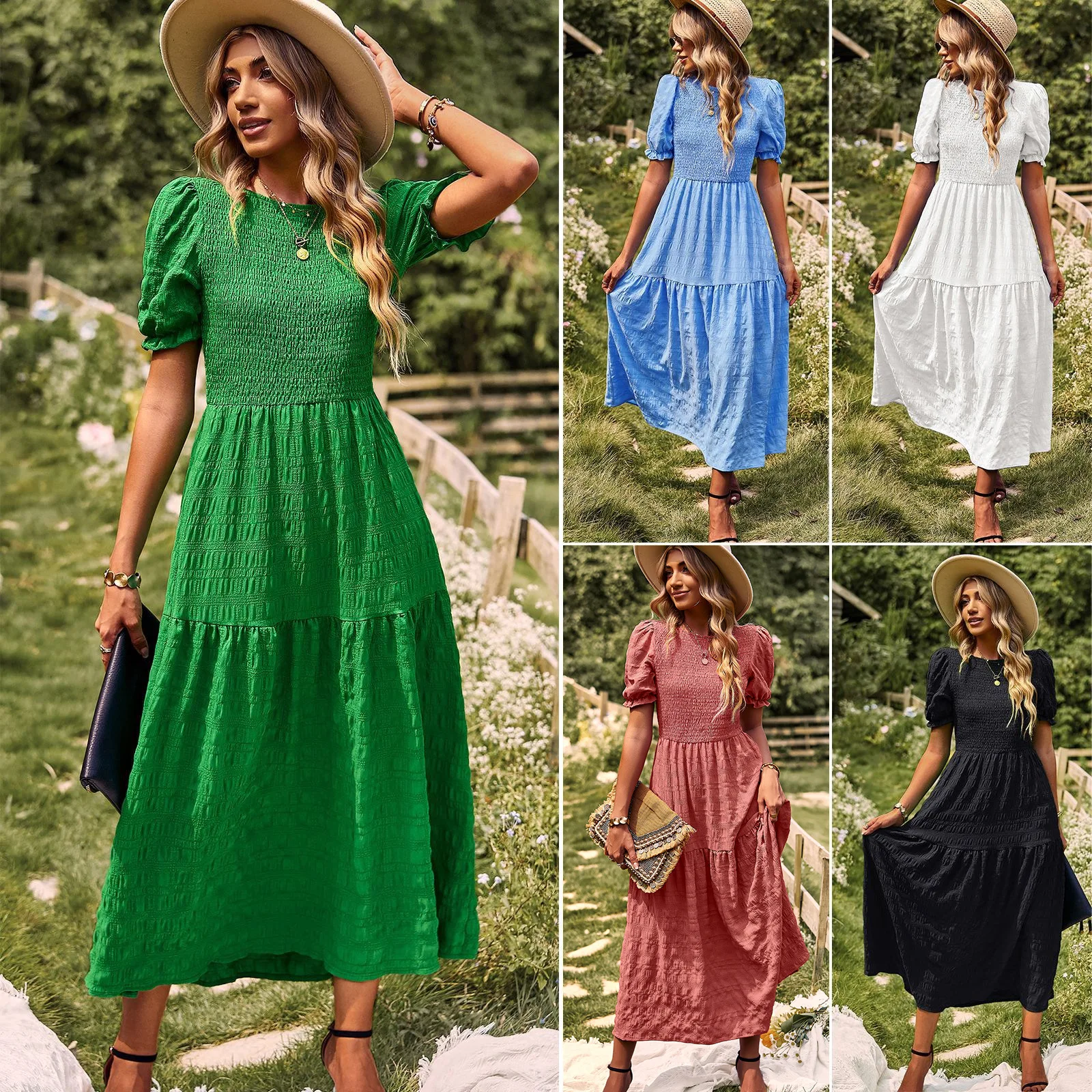 

Women Summer Autumn Fashion Sexy O-neck Elastic Waist Patchwork Fold Temperament Elegant Dress Robe Dress