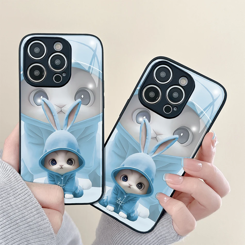 

Cartoon Rabbit Painted Glass Phone Case For iPhone 14 13 12 11 Pro Max Mini XS Max X XR 7 8 Plus Se2 SE3 Protection Back Cover