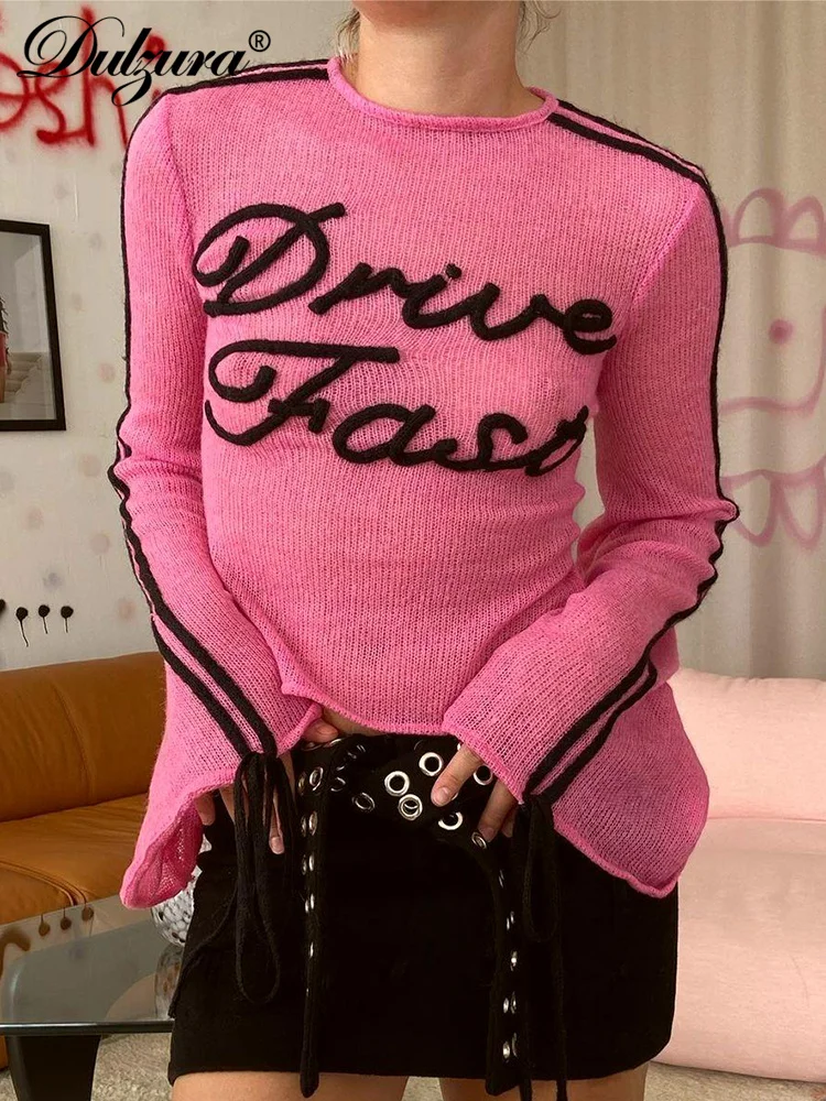 

Dulzura Crochet Trumpet Sleeves T-Shirt Sexy 2023 Letters Knitted Women Clothing Sexy Birthday Evening Party Club Pullovers