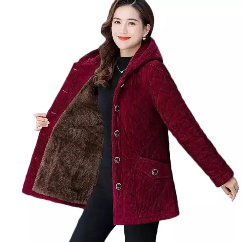 New Women Jacket Winter Fleece Thicke Corduroy Outerwear Parker Female Hooded Cotton Padded Coat Clothes 5XL Women Basic Coats