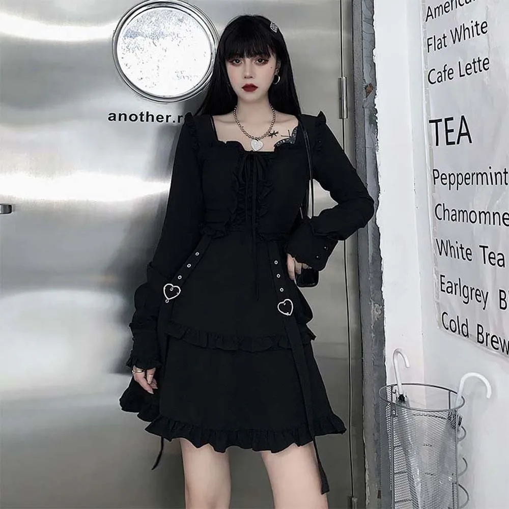 

Gothic Dark Women's Dress Waist Slimming Spring Dark Dress INS Super Fairy Ruffled Little Black Dress New Fashion Long Sleeve