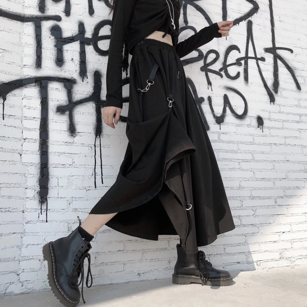 

Harajuku Punk Style Skirts Women High Waist Buckle Irregular Gothic Skirt Black Hip Hop Streetwear Freely Adjustable