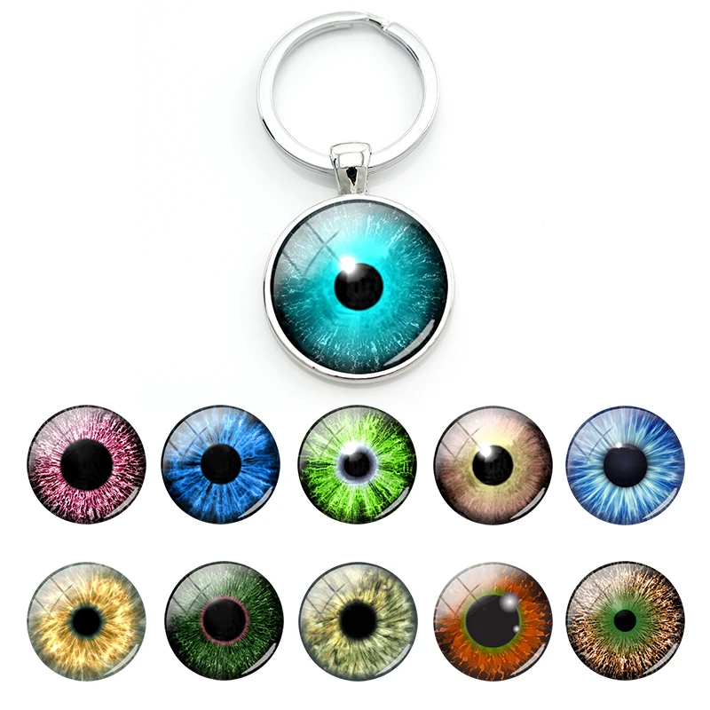 

TAFREE Glass Cabochon Colorful Pattern Eyes Round Flat Bottom Pendant Keychains Keyrings for Decoration Accessories 2022 FXQ349