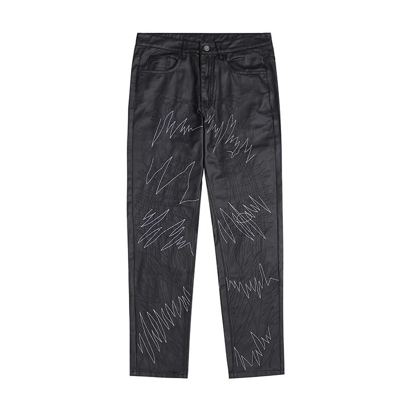 

Original Hip Hop Lines Spliced Mens Pu Leather Pants Retro Straight Casual Black Color Baggy Trousers Oversized Streetwear