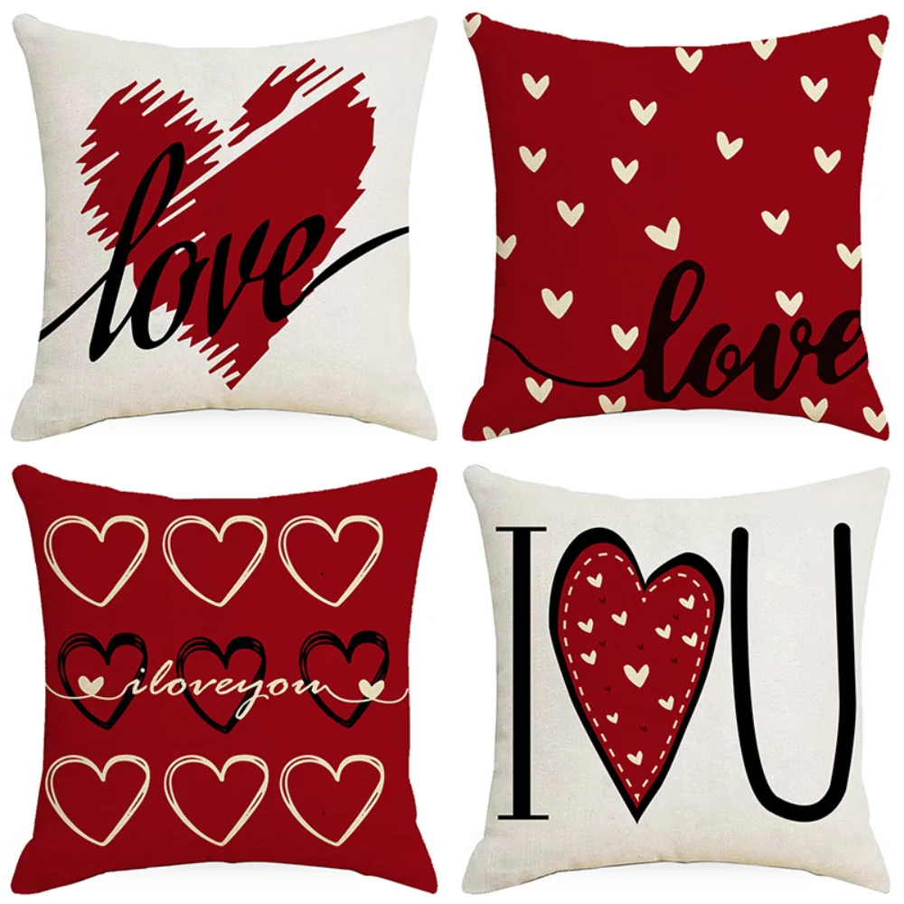 

Valentine's Day Pillow Cover Red Heart Linen Print Nordic Sofa Cushion Cover Decorative Pillows Cushions Home Textile Garden