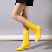 fashion pointed toe suede stretch cloth slip on woman boots solid color ankle boots stiletto sexy women shoes spring autumn heel