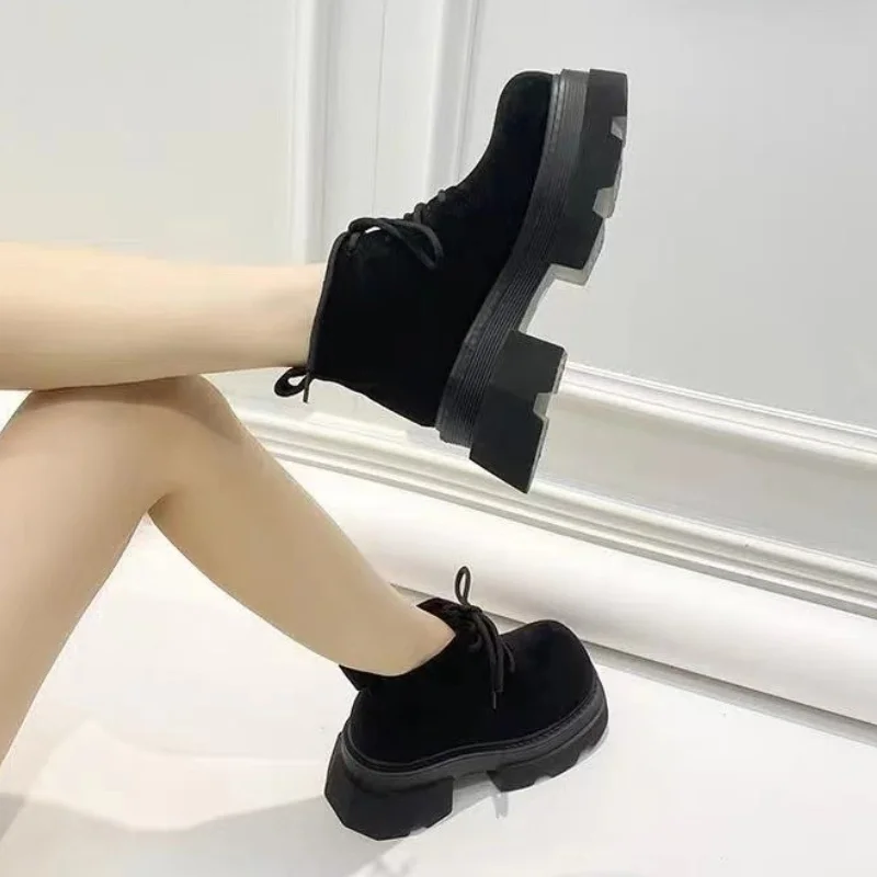 Flats Women's Boots Fall Boots Women's Round Lace Up Ankle Lolita Rock Ladies Retro Basic Solid Salad Women Boots Botas Mujer