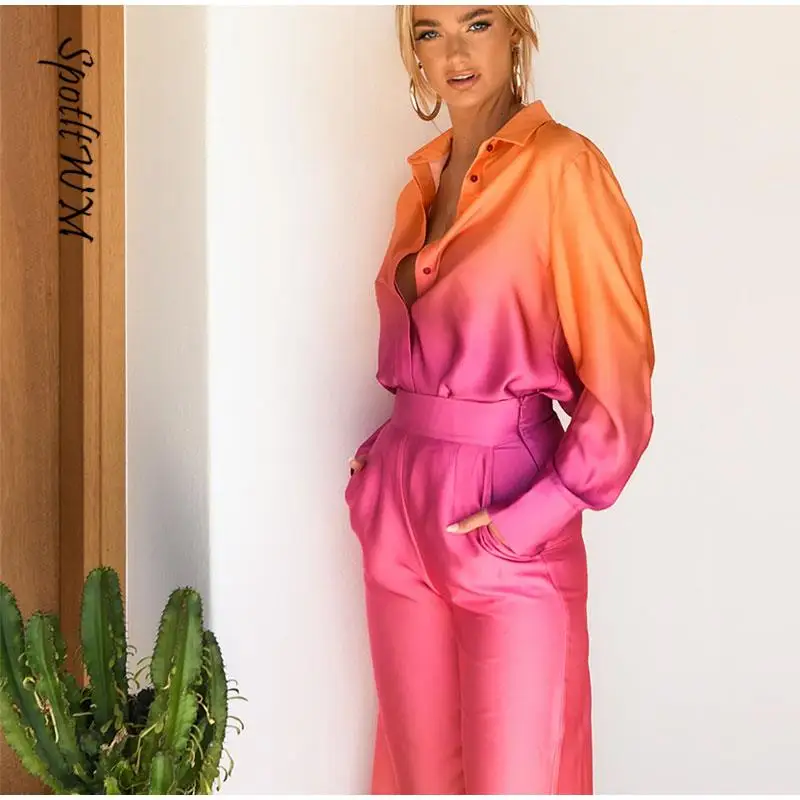 

Casual Loose Gradient Blouse 2 Piece Set Elegant Satin Long Sleeve Shirt Straight Pant Outfits 2023 Spring High Street Lady Suit