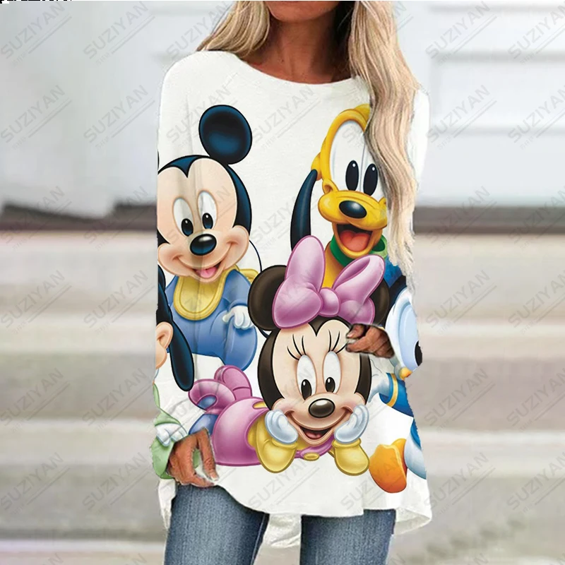 

Spring/Summer Women's Dress Disney Donald Duck Mickey Mouse 3D Printed Beach Skirt Women's Round Neck Long Sleeve A-line Skirt