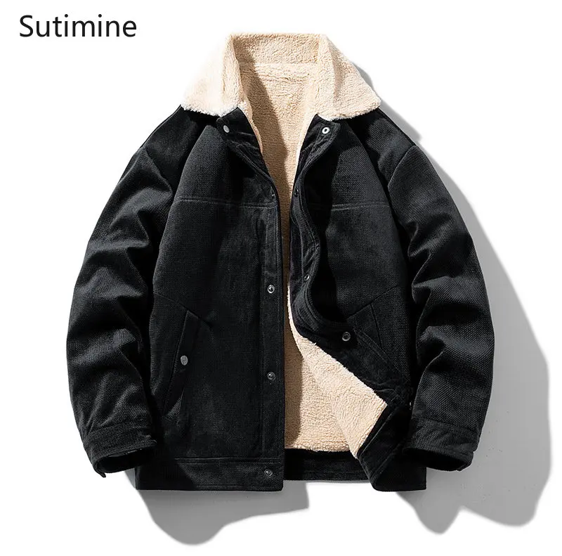 Coat Men Winter Korean Button Fashion Lapel Cotton Padded Clothes Thickened Plush Loose Casual Pockets  Men Clothing