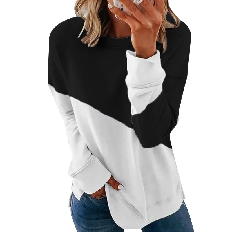 

Casual round neck stitching loose long sleeve WHITE