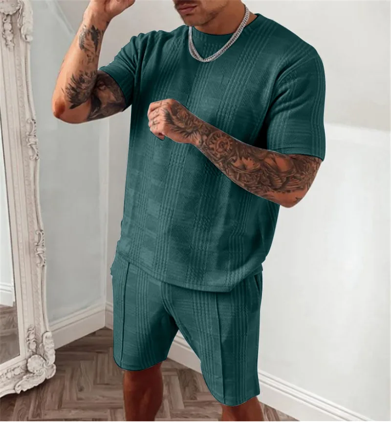 

2022 Summer New Men Tracksuit Casual Sportswear Set Solid Color Plaid Short Sleeved Pants Sets Mens Fashion 2 Piece Sportswear