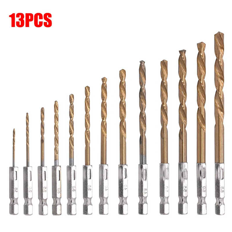 

13pcs Hexagonal Handle Twists Drill High Speed Steel Titanium Plated 1.5-6.5mm Electric Drill Screwdriver Twists Drill Hand Tool