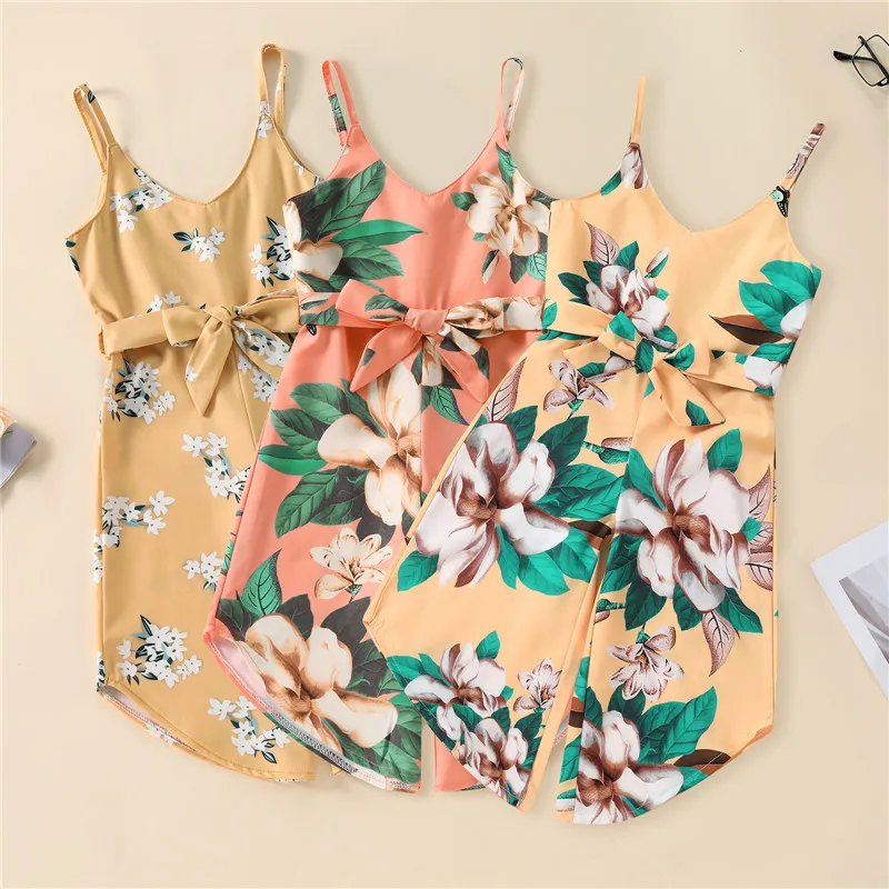 

Baby Girl Romper Floral Print Boho Holiday Outfits Sleeveless V Neck Loose Belted Jumpsuits Playsuits Summer Clothing 2-7 Years