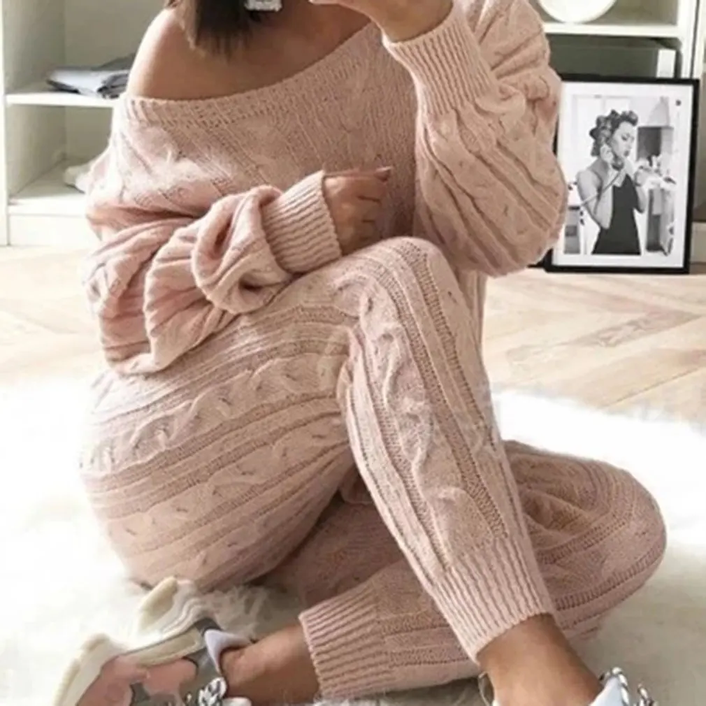 

Fashion Cotton Tracksuit Women 2 Piece Set Sweater Top+Pants Knitted Suit O-Neck Knit Set Women Outwear