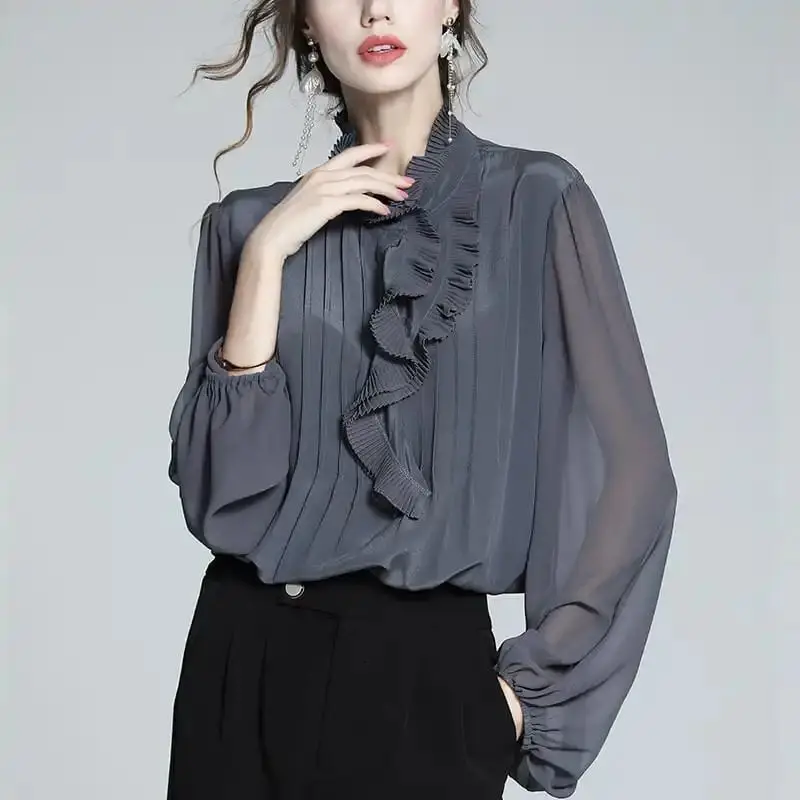 

Ruffled shirt women's 2022 spring new French sweet top design chic small shirt collar tops mujer Regular Solid Casual