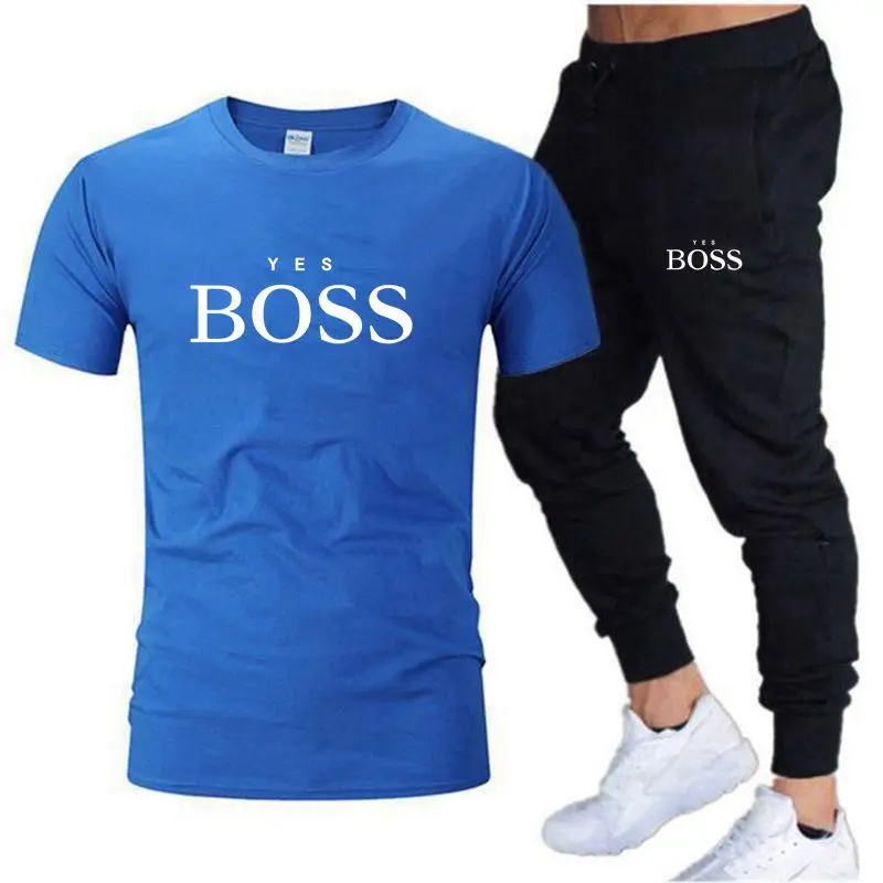Men's Shirt Tracksuit Two Pieces Sets Men Casual Fitness Sport Suit Short Sleeve T Shirt+Trousers Men's Casual Sportswear Suits