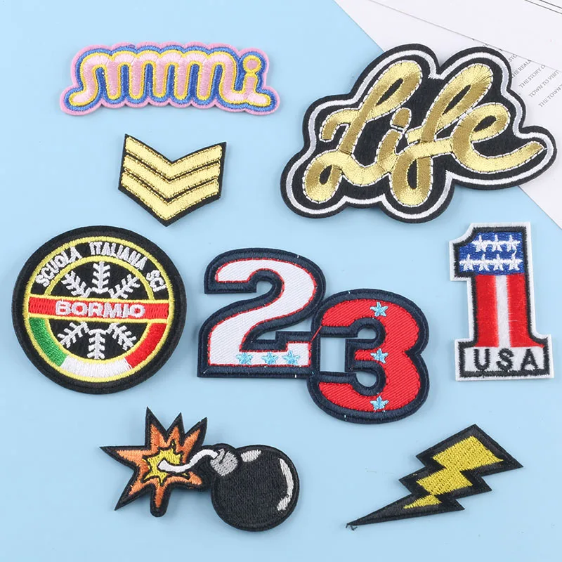 Патчи с вышивкой цифрами термоклейкие тканевые наклейки золотой полосой