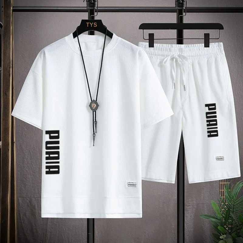 New Men's T-shirt + Shorts Set Summer Breathable Casual T shirt Running Set Fashion Harajuku Printed Male SporBasketball suit