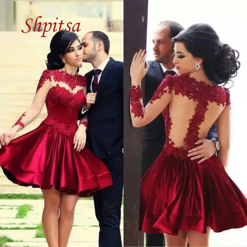 

Sexy Burgundy Long Sleeve Lace Short Cocktail Dresses Party Plus Size Graduation Homecoming Prom Dress Coctail Dress