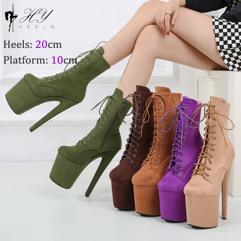 

New 17CM Suede Sexy Pole Dance Shoes Nightclub Platform Women's High Heels Lace Up Zipper Model Catwalk Boots