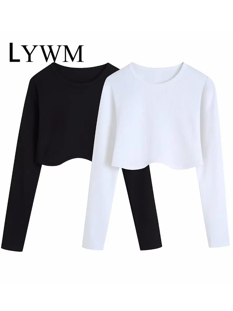 

LYWM Women Fashion Soild Cropped Blouse Vintage Long Sleeves O-Neck Female Chic Lady Shirt Crop Top