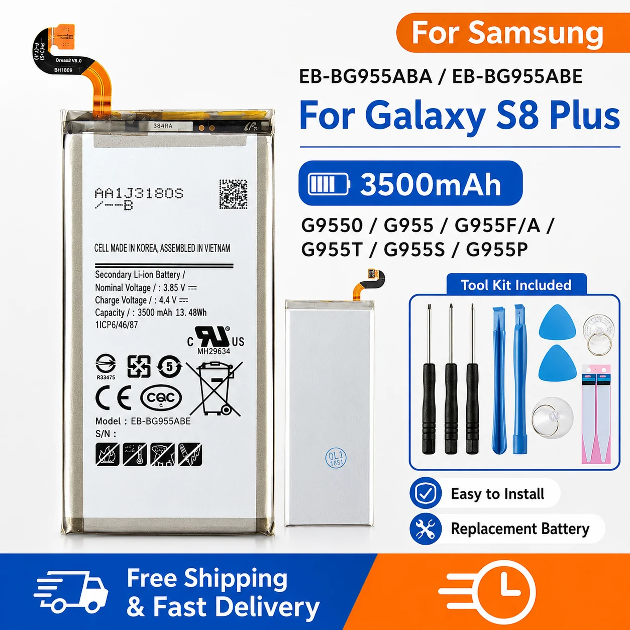 Фото Аккумулятор для телефона 3500 мАч EB-BG955ABA EB-BG955ABE для Samsung S8 Plus серии G955 + инструменты для установки №1