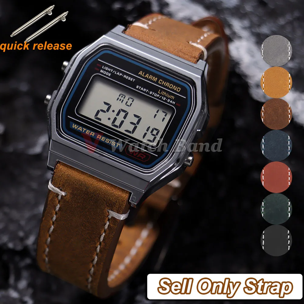 Фото Ремешок для часов из воловьей кожи 18 мм для Casio Mod Kit F91W W-800H SGW400 F84 F105/108 A158/168 AE1200/1300, винтажный ремешок для часов, браслет на запястье №1
