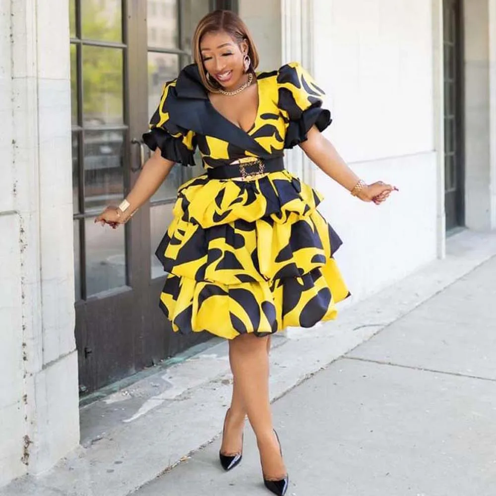 

Party Dress V Neck Mid Waist Yellow Loose Print Midi Pullover Dress Without Belt A-line Dress Summer 2022 Africa Female Clothing