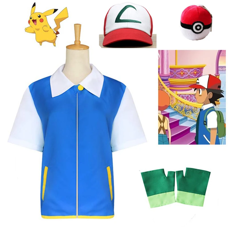 

Anime Kids Adults Ash Ketchum Cosplay Costume Clothes Jacket+Gloves+Hat+Ball Cosplay Anime Costumes Halloween Gift Drop shipping