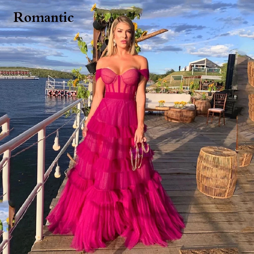 

Romantic Tulle Layered Long Evening Dresses Off The Shoulder Sweetheart Prom Gowns Floor Length Party Dresses Robes De Soirée