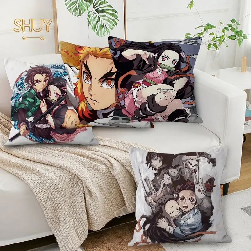 

Hot Anime Demon Slayer Pillowcase Peach Skin Cushion Cover Car Chair Seat Throw Pillows Decorative Home Living Room Pillow Case