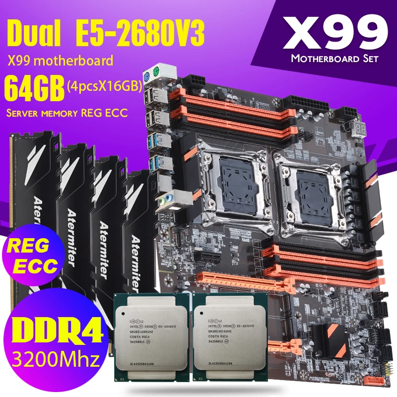Atermiter Dual X99 материнская плата с 2011-3 XEON E5 2680 V3 * 2 4 шт. X 16 ГБ = 64 Гб DDR4 3200 МГц память