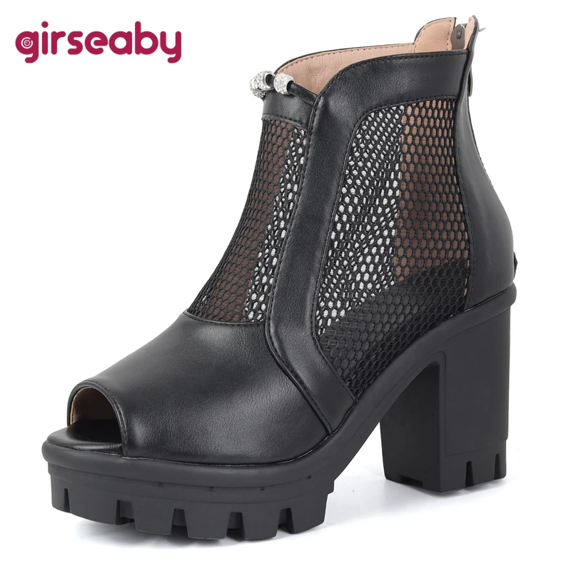 Женские ботильоны на массивном каблуке 9 см и платформе 2 с открытым носком