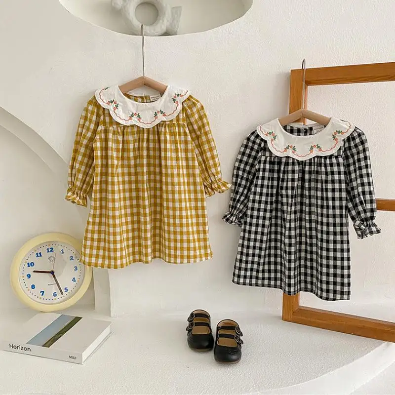 

Spring Kids Girl Dress Toddler Embroidered Plaid Dresses Korean Teen Cotton Lapel Frock Children Baby Clothing Kids Girl Clothes