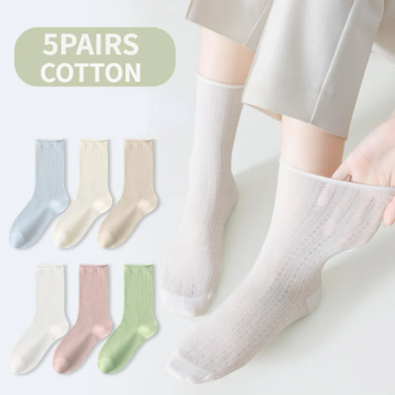5 Pairs Summer Women Cotton Socks Middle Tube Mesh Solid Color Breathable Spring Loose Long Socks Thin Soft Ruffle Casual Sock