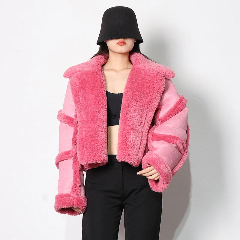 

Thickened Fur Thickening Loose Lapel Coat Women Clothes 2022 Winter New Lapel Pink Splicing Lamb Hair Short Jacket Brand New