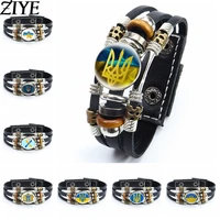 multilayer ukrainian flag symbol leather bracelets trident tryzub ukraine braided bracelets bangles glass cabochon jewelry gifts