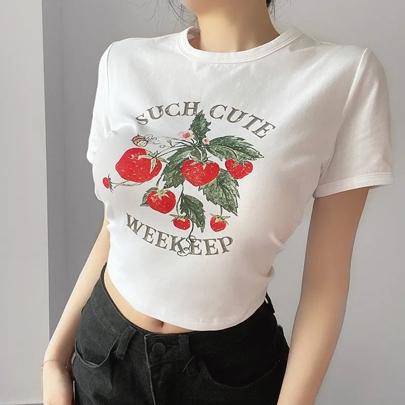 

Укороченная футболка до пупка с надписью Sweet Cherry, популярная белая женская футболка в японском стиле Kawaii Harajuku Ulzzang 90S Y2K, женские укороченные ...