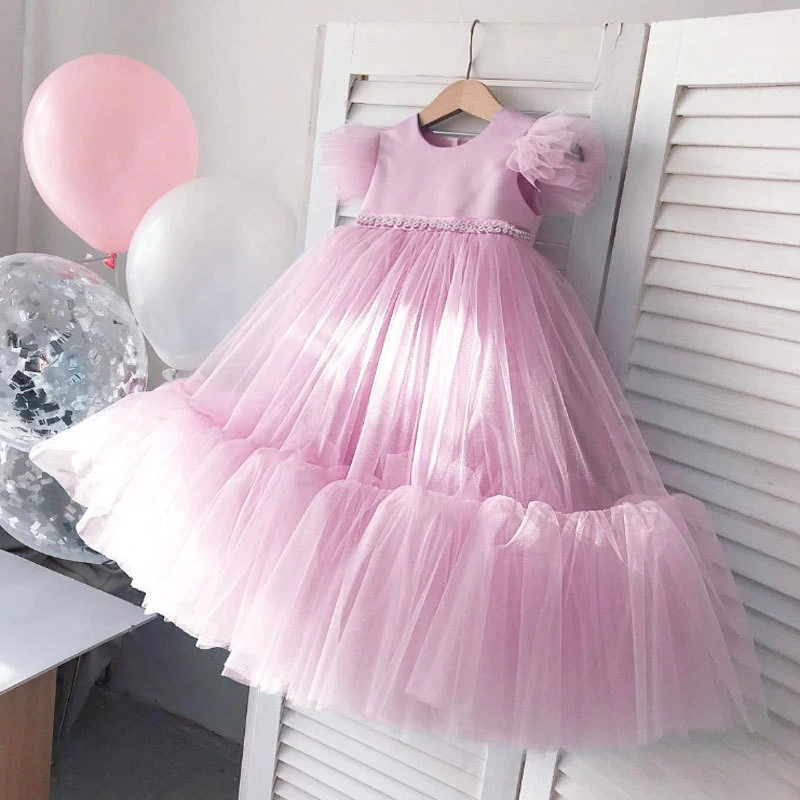 

Girls Birthday Party Dresses For Kids Beadeding Ruffle Sleeve Design Princess Costume Children Event Prom Gown 4-10Yrs Vestidos
