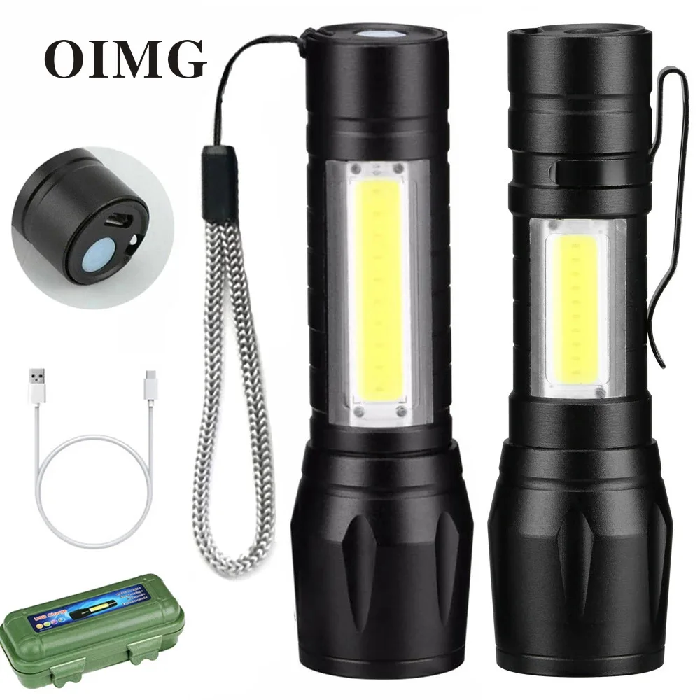 

Aluminum Alloy Mini Flashlight LED with Side Light COB Strong Light Telescopic Zoom USB Charging Set Black Flashlight Light