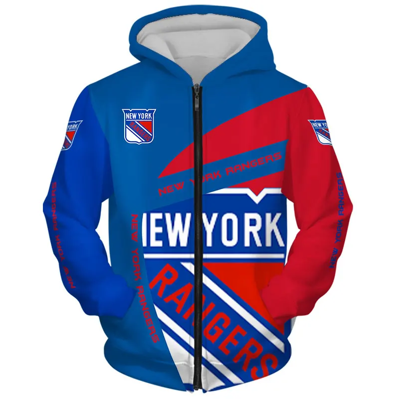 

New York men's Fashion Long Sleeve 3D Rangers Zip Hoodies Blue Red Stitching Letter Geometric Pattern Print Sweatshirt
